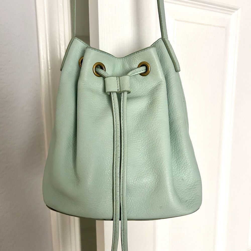 J. Crew Pebbled Leather Bucket Bag with Tassels Sea Foam Green Crossbody Coastal - Picture 3 of 6